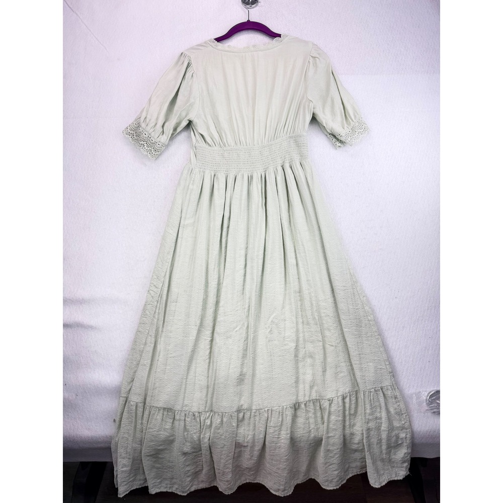 By The River Women's M Sage Green Maxi Dress Lace Trim Button Front Boho - Picture 11 of 14